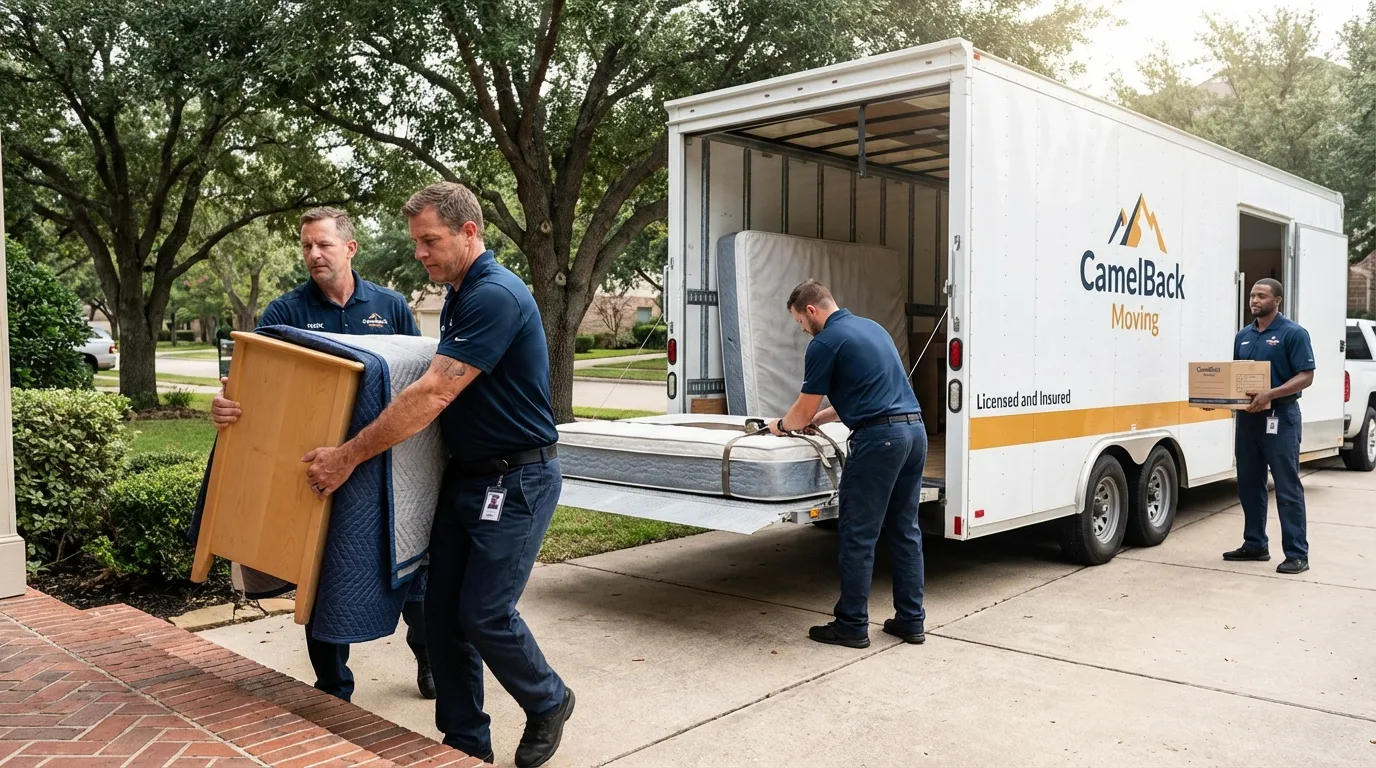Crew loading residential truck for cross-state move from Channahon, IL