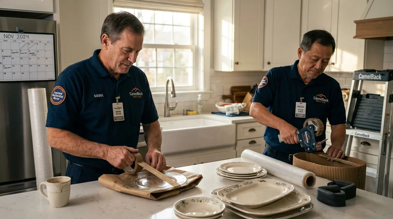Professional crew packing kitchen dishware in Channahon, IL